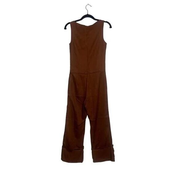 ZARA Sleeveless Jumpsuit Turned Up Hem Side Zipup Square Neck Buttons XS Brown - Picture 14 of 14